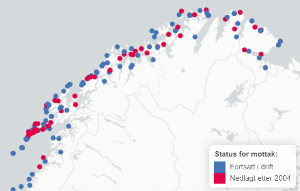 Kart over Nord-Norge som viser status for mottak som tar imot torsk – sammenligning mellom 2004 og 2018