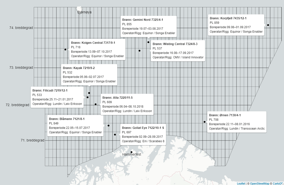 Kartet viser hvor letebrønnene som er valgt ut for saksmappegjennomgangen er plassert. Brønnene er Blåmann (boret i 2017), Filicudi (boret i 2017), Kayak (boret i 2017), Koigen central (boret i 2017), Goliat Eye (boret i 2017), Alta (boret i 2018), Gemini nord (boret i 2017), Wisting central (boret i 2017), Korpfjell (boret i 2017) og Ørnen (boret i 2015 og 2016).