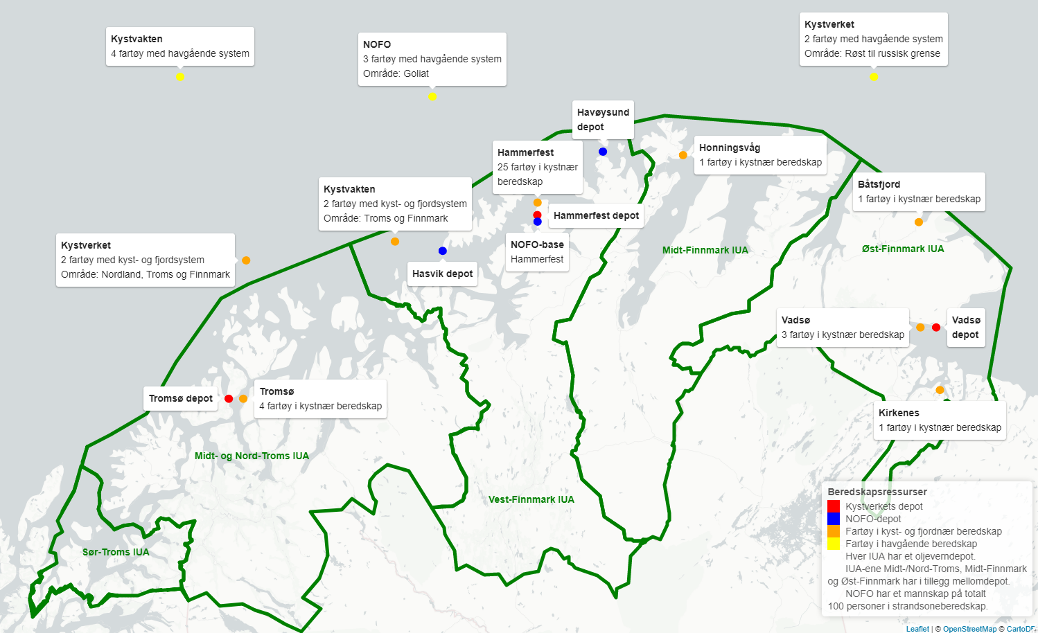 Kartet viser plasseringen av oljevernressurser i form av depoter, baser og fartøy. I Troms det ett depot i Tromsø og fire fartøy i kystnær beredskap. I Vest-Finnmark er det depoter i Hasvik, Havøysund og Hammerfest, en NOFO-base i Hammerfest og 25 fartøy i kystnær beredskap. I Midt-Finnmark er der ett depot i Honningsvåg. I Øst-Finnmark er det depoter i Båtsfjord, Kirkenes og Vadsø og til sammen fem fartøy i kystnær beredskap. IUA-ene i Troms og Finnmark har i tillegg mellomdepot. Kystverket har videre to fartøy med oljevernutstyr for kyst- og fjord som dekker området Nordland, Troms og Finnmark. Kystvakten har to fartøy med kyst- og fjordsystem som dekker området Troms og Finnmark. NOFO har et mannskap på totalt 100 personer i strandsoneberedskap. Kystverket har to fartøy med havgående oljevernsystem som dekker området Røst til grensen mot Russland. Kystvakten har fire fartøy med havgående system. NOFO har tre fartøy med havgående system i området rundt Goliat.